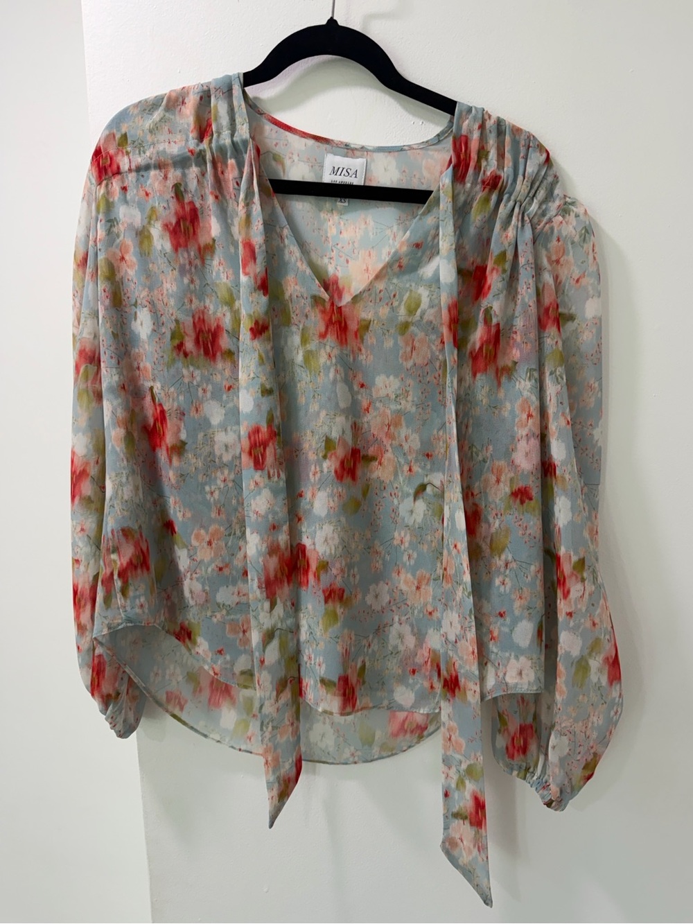 Misa Tie-Neck Blouse in Light Blue and Red